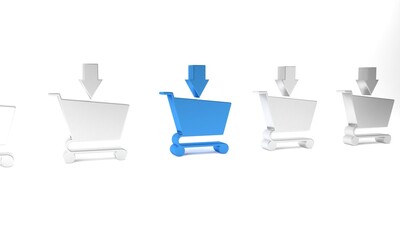 Sticker - Blue Add to Shopping cart icon isolated on white background. Online buying concept. Delivery service sign. Supermarket basket symbol. Minimalism concept. 3D render illustration