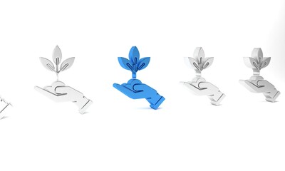 Wall Mural - Blue Plant in hand of environmental protection icon isolated on white background. Seed and seedling. Planting sapling. Ecology concept. Minimalism concept. 3D render illustration