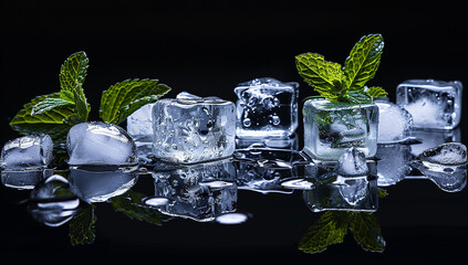 pieces of ice with mint on a dark background