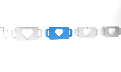 Wall Mural - Blue Two coffee cup and heart icon isolated on white background. Couple coffee for lovers on Valentines Day. Minimalism concept. 3D render illustration