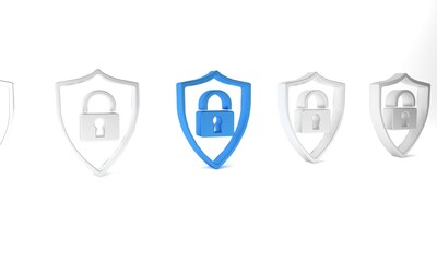 Canvas Print - Blue Shield security with lock icon isolated on white background. Protection, safety, password security. Firewall access privacy sign. Minimalism concept. 3D render illustration