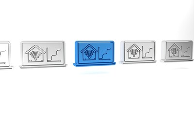 Sticker - Blue Laptop with smart home with wi-fi icon isolated on white background. Remote control. Minimalism concept. 3D render illustration