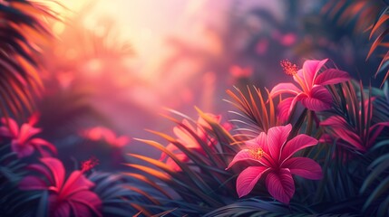 Poster - Pink Hibiscus Flowers Blooming in Tropical Jungle at Sunset