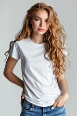 White tshirt mockup on woman model created with Generative AI