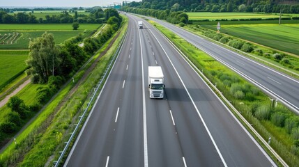 Wall Mural - A white semi-truck drives autonomously along a paved road through a green, rural landscape