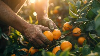 Wall Mural - Closeup male farmer hand picking orange fruit from a tree in an orchard