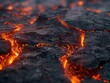 © Sinechana - 4. Cracked floor of a volcano with fire and flame, intense scene of molten lava seeping through jagged cracks, bright orange and red hues of the magma contrasting with the dark, charred ground, smoke