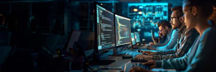 team of young professional start-up business developpers, programmers and coders, working and coding
