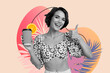 © deagreez - Creative trend collage of cute young girl summer vacation enjoy cocktail beach juice thumb up unusual fantasy billboard comics