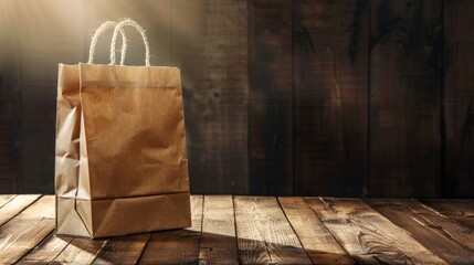 Canvas Print - Kraft paper bag on wooden table in sunlight with empty space Kraft pattern