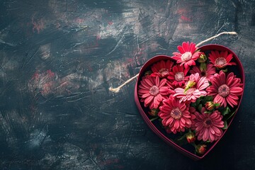 Poster - A heart-shaped box filled with pink flowers for romantic gift or decoration