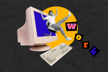 Sticker - Creative drawing collage picture of funny young man ride armchair computer office work have fun freak bizarre unusual fantasy billboard