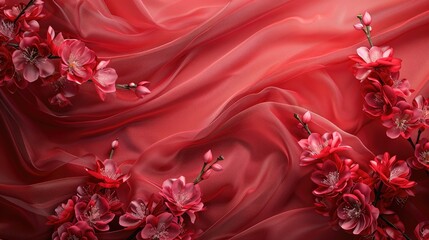 Canvas Print - Abstract red silk chiffon fabric and Hollywood cherry blossom silk taffeta art mockup