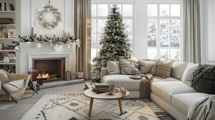 Wall Mural - Cozy Christmas Living Room with Fireplace, Decorated Tree, and Snowy Outdoor View