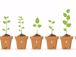 3. a detailed vector illustration showcasing an array of pots with sprouting plants, each pot displa