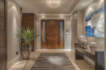 A beautifully designed foyer with a stunning lighting fixture that sets the tone for a luxurious living space. The stylish decor and warm ambiance create a welcoming atmosphere.