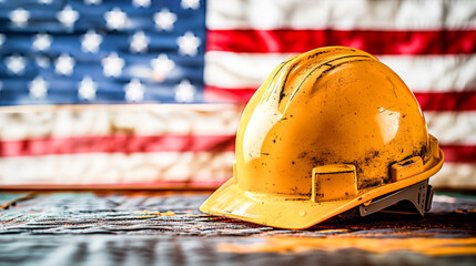 yellow construction worker helmet hard hat and American flag, Labor Day graphic background.