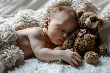 Sticker - Newborn baby sleeping with his toy bear