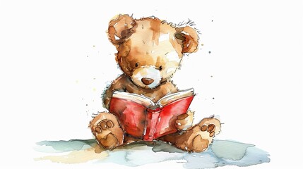 Wall Mural - A teddy bear is sitting on a bed reading a book