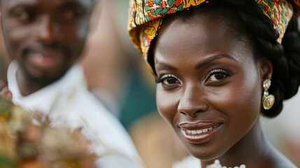 This image features a bride in traditional attire smiling joyfully with a blurred figure in the background, capturing a moment of happiness and cultural heritage.