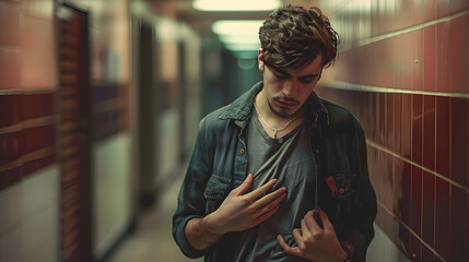 Wall Mural - Portrait of a troubled young man standing in a dimly lit hallway with his hand resting on his stomach appearing uncomfortable and pensive