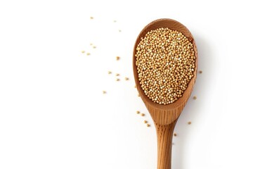 Poster - A wooden spoon filled with various grains on a white background