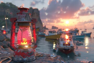 Red lanterns on dock at sunset serene coastal scene vibrant evening glow inviting setting artistic and detailed tranquil atmosphere romantic vibes