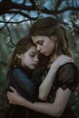 Wall Mural - Two teenagers embracing in front of a tree, suitable for family or friendship themes