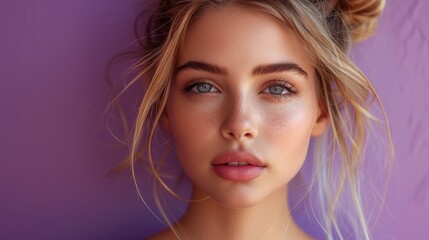 Wall Mural - Close Up Portrait of a Young Woman With Blonde Hair and Blue Eyes Against a Purple Background