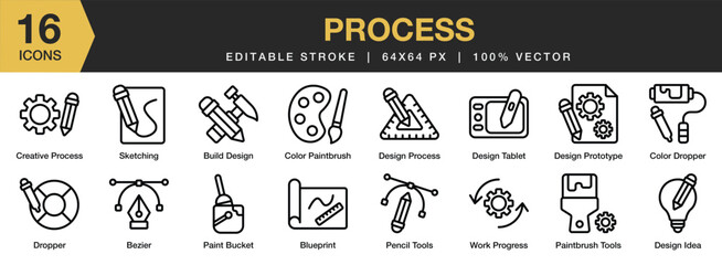 set of 16 process icon set. editable stroke icon collection. includes bezier, colour dropper, design
