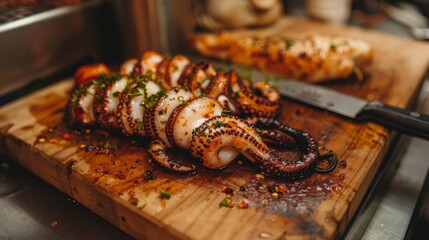 Canvas Print - Close-up of grilled squid tentacles on a wooden cutting board, with chef's knife beside it.