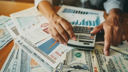 Wall Mural - Close-up of hands counting money with a calculator and financial reports spread out on a desk.