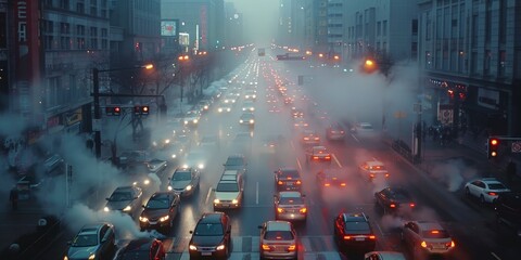 Heavy traffic congestion in a foggy city, highlighting urban pollution and transportation challenges.