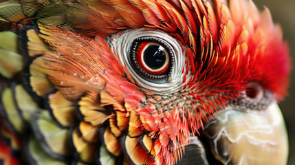 Wall Mural - Macro shot of a parrot's head, highlighting its intricate feather patterns