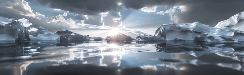 Poster - Panoramic Arctic Sunset with Icebergs Reflection