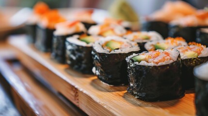 Sticker - Close-up of sushi rolls with assorted seafood, avocado, and nori seaweed, served on a wooden board.