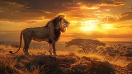 Wall Mural - Majestic lion standing on the African savannah at sunset, bathed in golden light