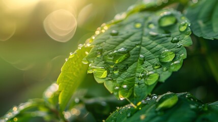 Fototapete - Close-up of water droplets glistening on a fresh green leaf in the morning light.