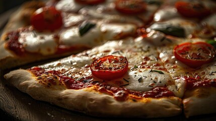 Wall Mural - Close-up of a delicious pizza with tomatoes and cheese, showcasing rich flavors and fresh ingredients in every slice.