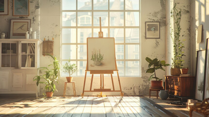 Wall Mural - Modern studio interior, showcasing an artist's workplace with a foldable wooden easel positioned near a big, sunlit window