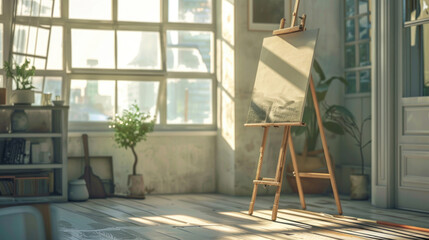 Wall Mural - Modern studio interior, showcasing an artist's workplace with a foldable wooden easel positioned near a big, sunlit window