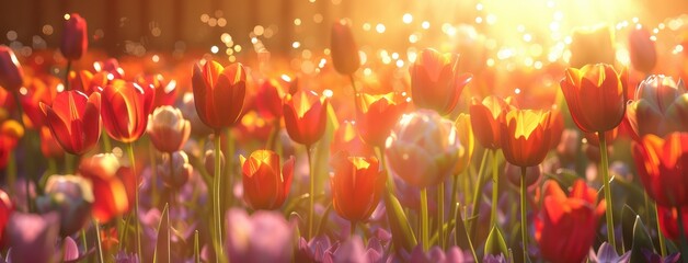 Wall Mural - Golden Hour Glow Over Vibrant Tulip Field