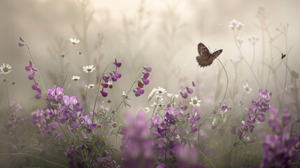 Purple wild peas and chamomile with a butterfly in a dreamy, hazy morning setting