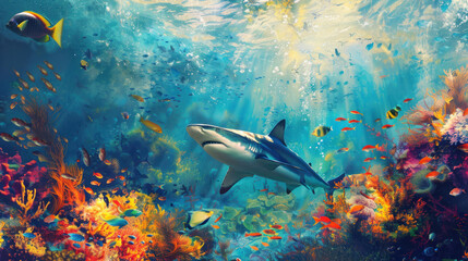 Wall Mural - Shark and small fishes coexisting in a vibrant underwater seascape