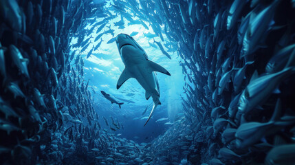 Wall Mural - Shark navigating through a dense school of small fishes in the deep blue sea