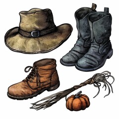 Pilgrim hat and shoes clipart, traditional elements, muted colors, isolated on white background