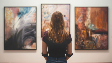 Wall Mural - Woman in a stylish outfit visiting an art gallery, carefully examining a series of abstract paintings on the wall