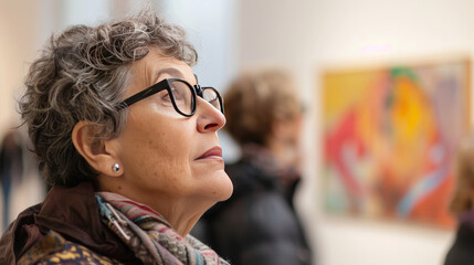 Wall Mural - Woman wearing glasses, thoughtfully viewing an art piece, with people in the background enjoying Museum Day at the gallery