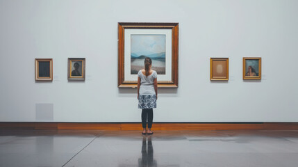 Young woman standing in an art gallery, observing a framed photograph on the wall, showcasing her thoughtful expression