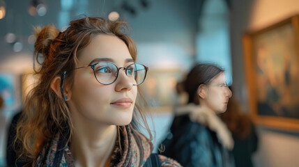 Wall Mural - Young woman with glasses in an art museum, thoughtfully gazing at a painting, with other visitors in the background for Museum Day